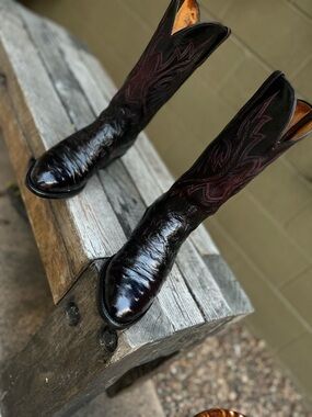 Lucchese Men's Black Cherry Ostrich Cowboy Boots with Subtle Burgundy Stitching